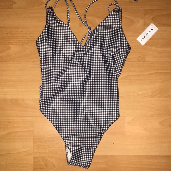 Black/white plaid one piece swimsuit - Picture 3 of 4